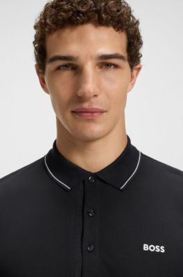 Cotton piqu&eacute; slim-fit polo shirt with a collar stripe, Dark Blue