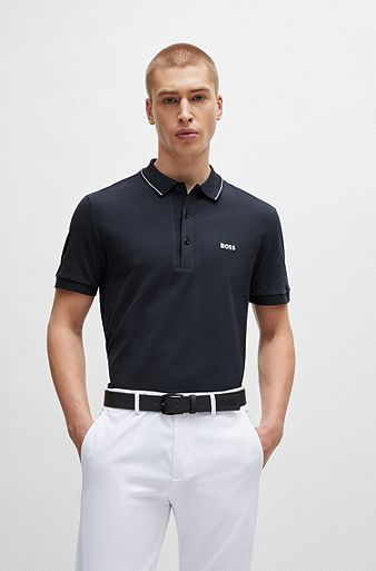 Cotton-piqué slim-fit polo shirt with tonal logo, Dark Blue