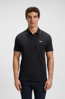 Cotton piqu&eacute; slim-fit polo shirt with a collar stripe, Dark Blue