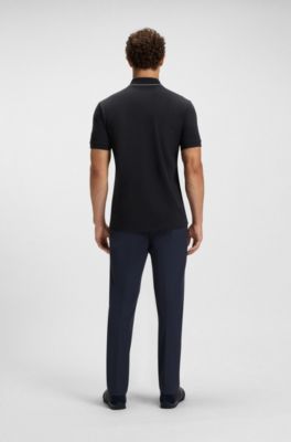 Cotton piqu&eacute; slim-fit polo shirt with a collar stripe, Dark Blue