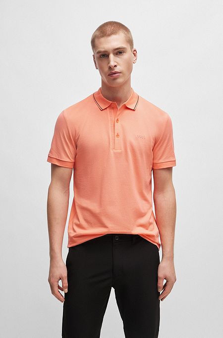 Cotton-piqué slim-fit polo shirt with tonal logo, Light Red