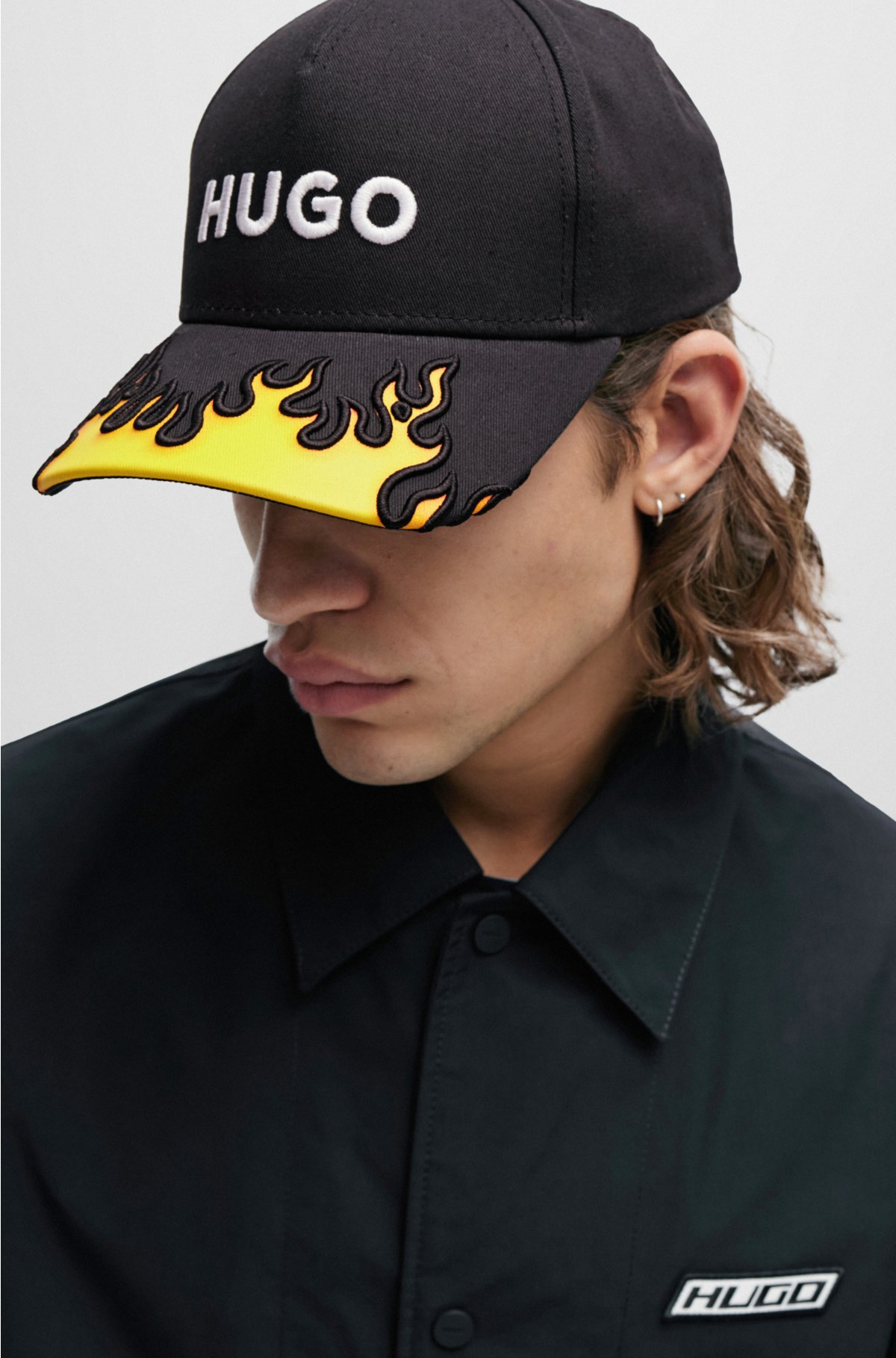 HUGO - Cotton-twill cap with 3D flame and logo embroidery