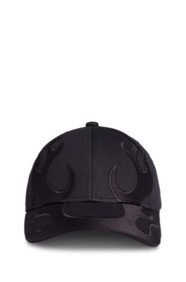 Flame-embroidered cap in cotton twill, Black