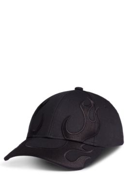 Flame-embroidered cap in cotton twill, Black