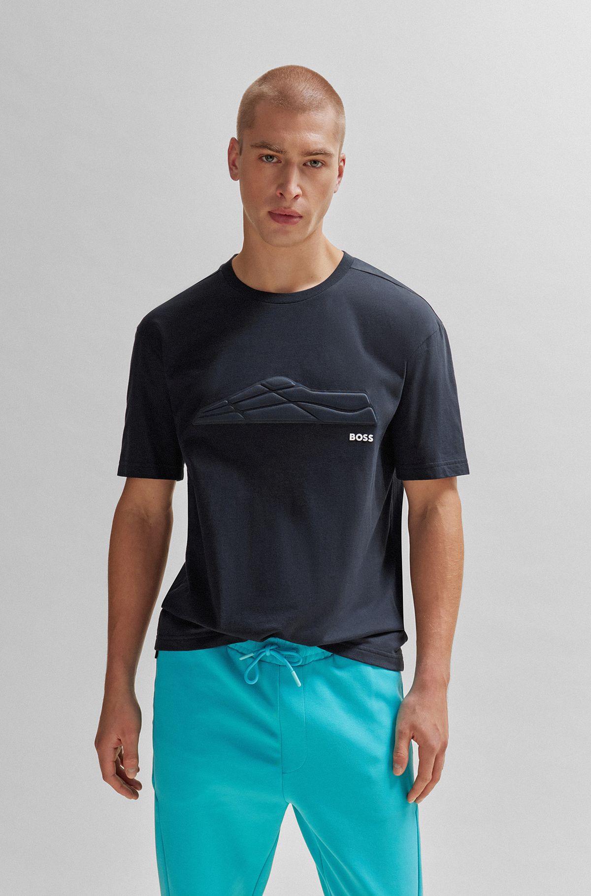 Cotton-jersey regular-fit T-shirt with tonal artwork, Dark Blue