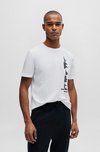 Camiseta de algodón elástico con ilustración decorativa reflectante, Blanco
