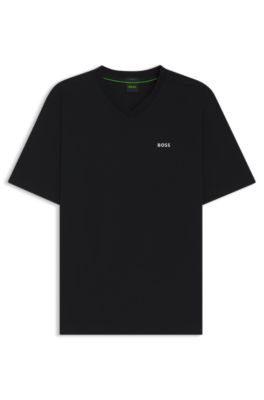 Camiseta regular fit de algod&oacute;n el&aacute;stico con logo en contraste, Negro
