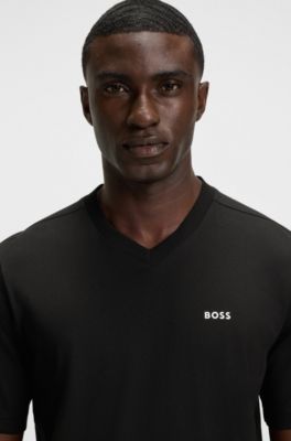 Camiseta regular fit de algod&oacute;n el&aacute;stico con logo en contraste, Negro