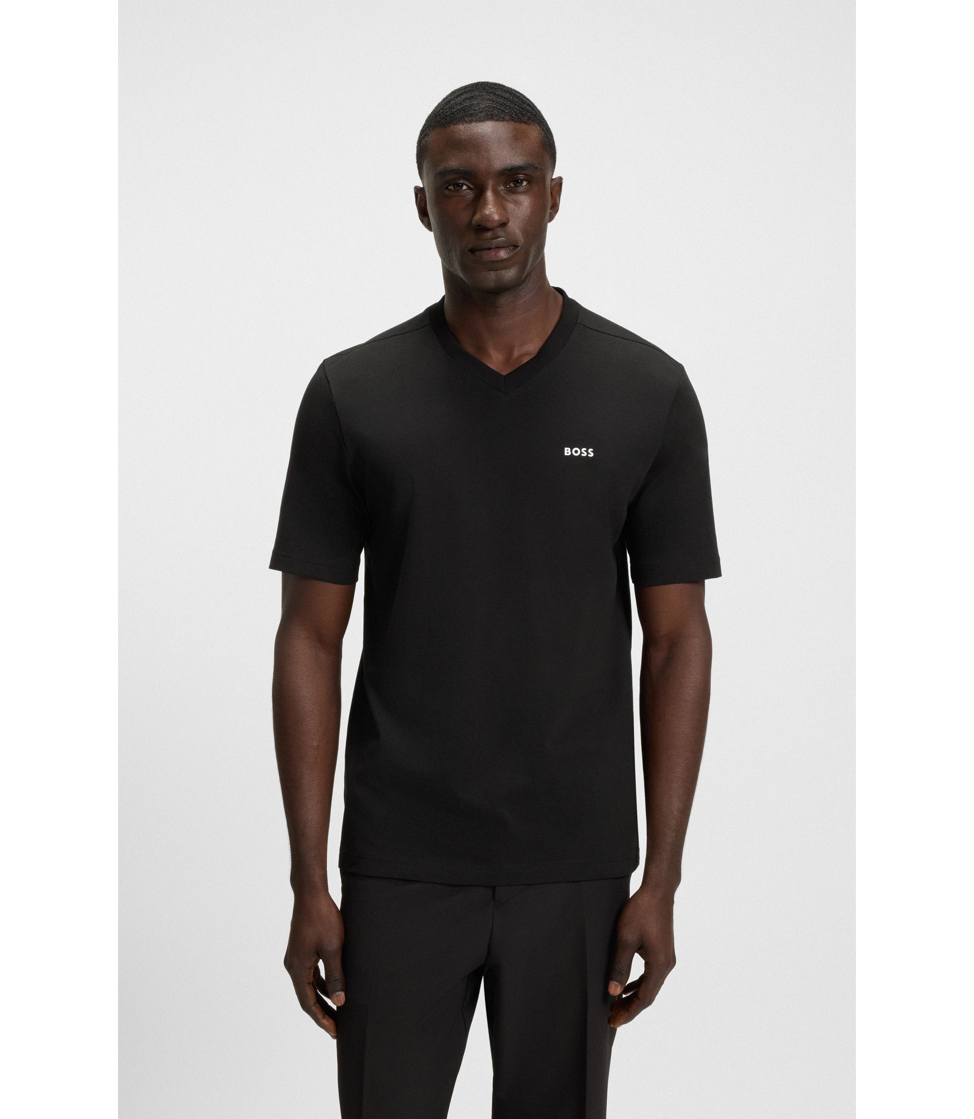 BOSS - Stretch-cotton regular-fit T-shirt with contrast logo