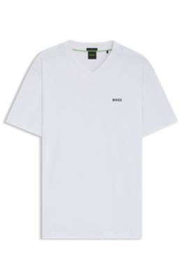 Camiseta regular fit de algod&oacute;n el&aacute;stico con logo en contraste, Blanco