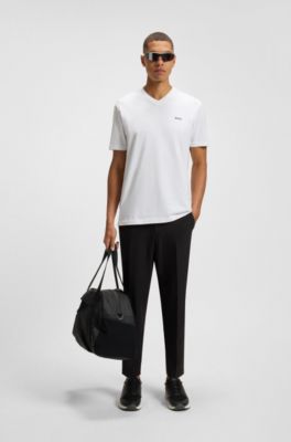 Camiseta regular fit de algod&oacute;n el&aacute;stico con logo en contraste, Blanco