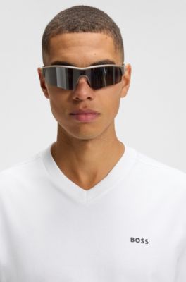 Camiseta regular fit de algod&oacute;n el&aacute;stico con logo en contraste, Blanco