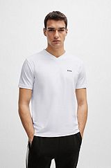 Camiseta regular fit de algodón elástico con logo en contraste, Blanco