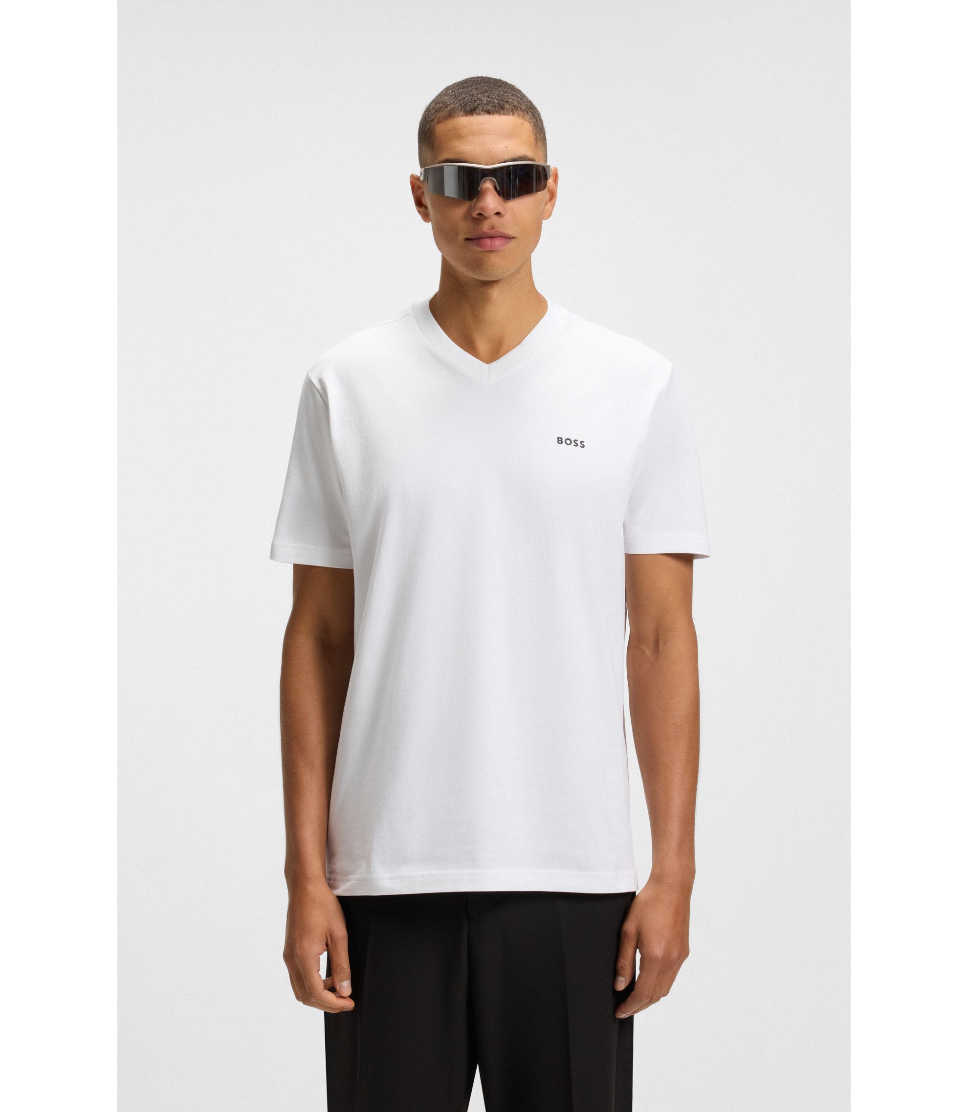 BOSS - Stretch-cotton regular-fit T-shirt with contrast logo