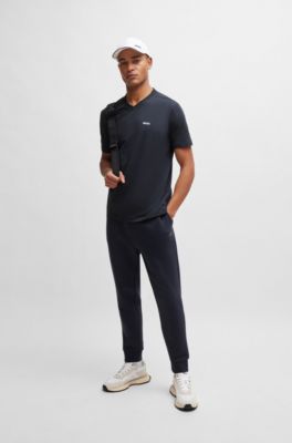 Stretch-cotton regular-fit T-shirt with contrast logo, Dark Blue