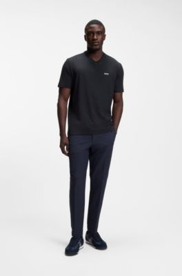 Camiseta regular fit de algod&oacute;n el&aacute;stico con logo en contraste, Azul oscuro