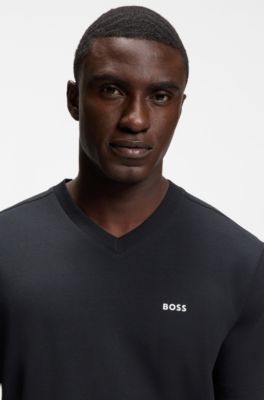 Camiseta regular fit de algod&oacute;n el&aacute;stico con logo en contraste, Azul oscuro