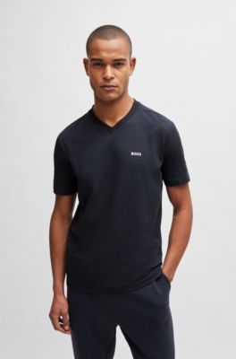 Stretch-cotton regular-fit T-shirt with contrast logo, Dark Blue