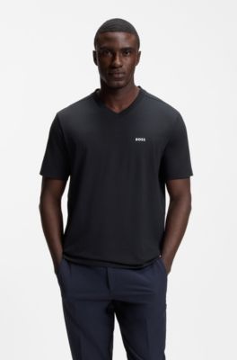 Camiseta regular fit de algod&oacute;n el&aacute;stico con logo en contraste, Azul oscuro