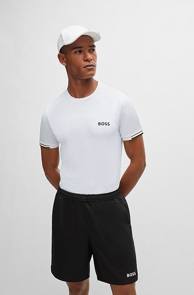 BOSS x Matteo Berrettini Camiseta de tejido de rejilla con diseño de rayas de la marca, Blanco