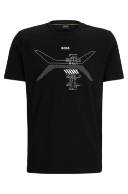 T-shirt &agrave; col rond en jersey de coton, avec motif artistique de la saison, Noir