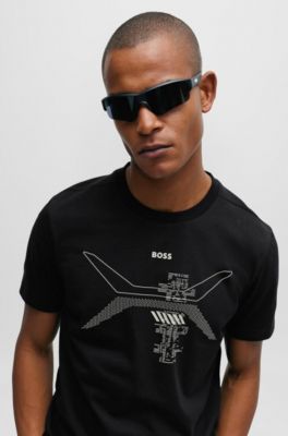 T-shirt &agrave; col rond en jersey de coton, avec motif artistique de la saison, Noir