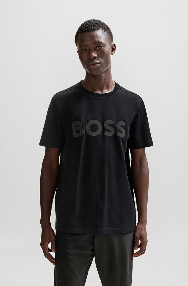 Camiseta de punto de algodón elástico con logo de holograma reflectante decorativo, Negro