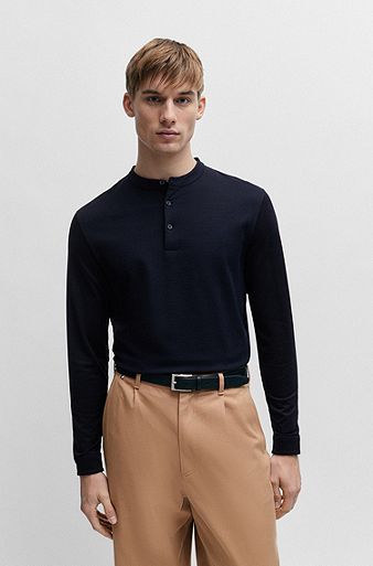 Stretch-cotton polo shirt with Henley neckline, Dark Blue