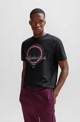 Stretch-cotton regular-fit T-shirt with seasonal artwork, Black