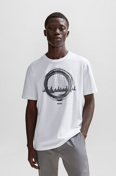 Stretch-cotton regular-fit T-shirt with seasonal artwork, White