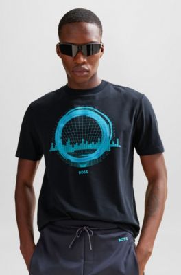 Stretch-cotton regular-fit T-shirt with seasonal artwork, Dark Blue
