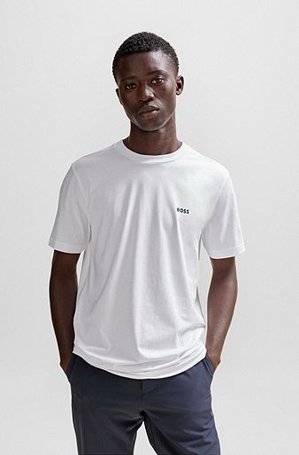 Camiseta regular fit de algodón elástico con logo en contraste, Blanco