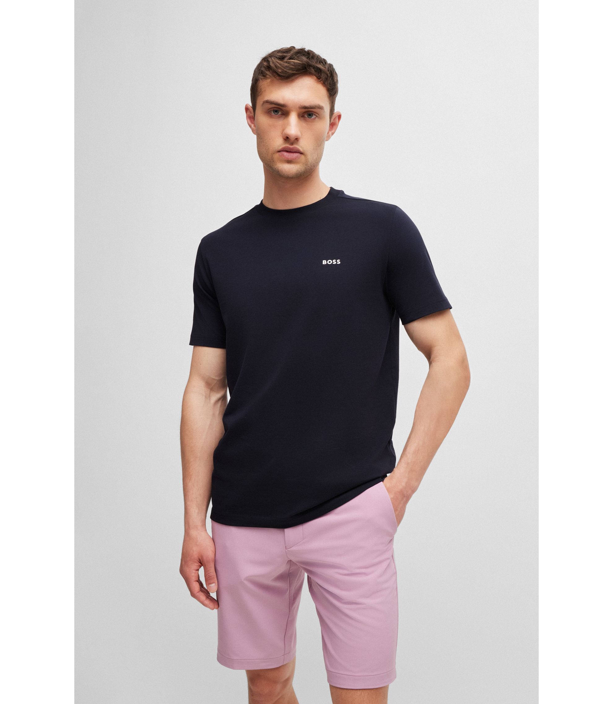BOSS - Stretch-cotton regular-fit T-shirt with contrast logo
