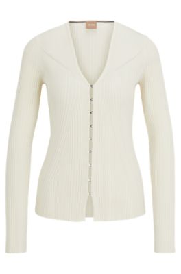 Shop Hugo Boss Ribbed Cardigan In Stretch Fabric With Hook Closures In White
