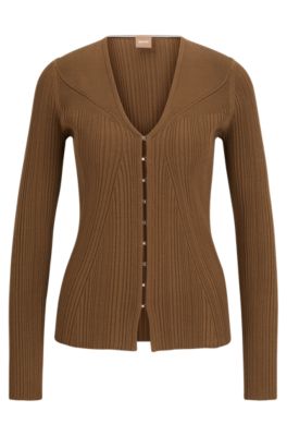 Shop Hugo Boss Ribbed Cardigan In Stretch Fabric With Hook Closures In Light Brown