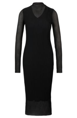 Shop Hugo Boss Lined Dress In Pliss Tulle With Mock Neckline In Black