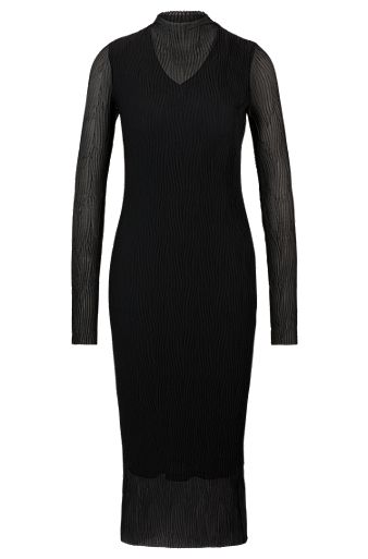 Lined dress in plissé tulle with mock neckline, Black