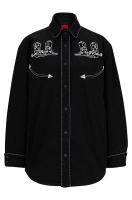 Hugo Regular-fit Denim Blouse With Embroidered Details In Black