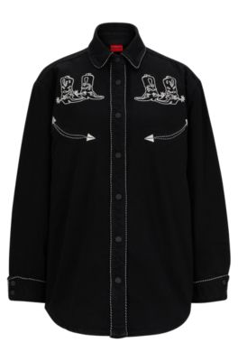 Hugo Boss Regular-fit Denim Blouse With Embroidered Details In Black