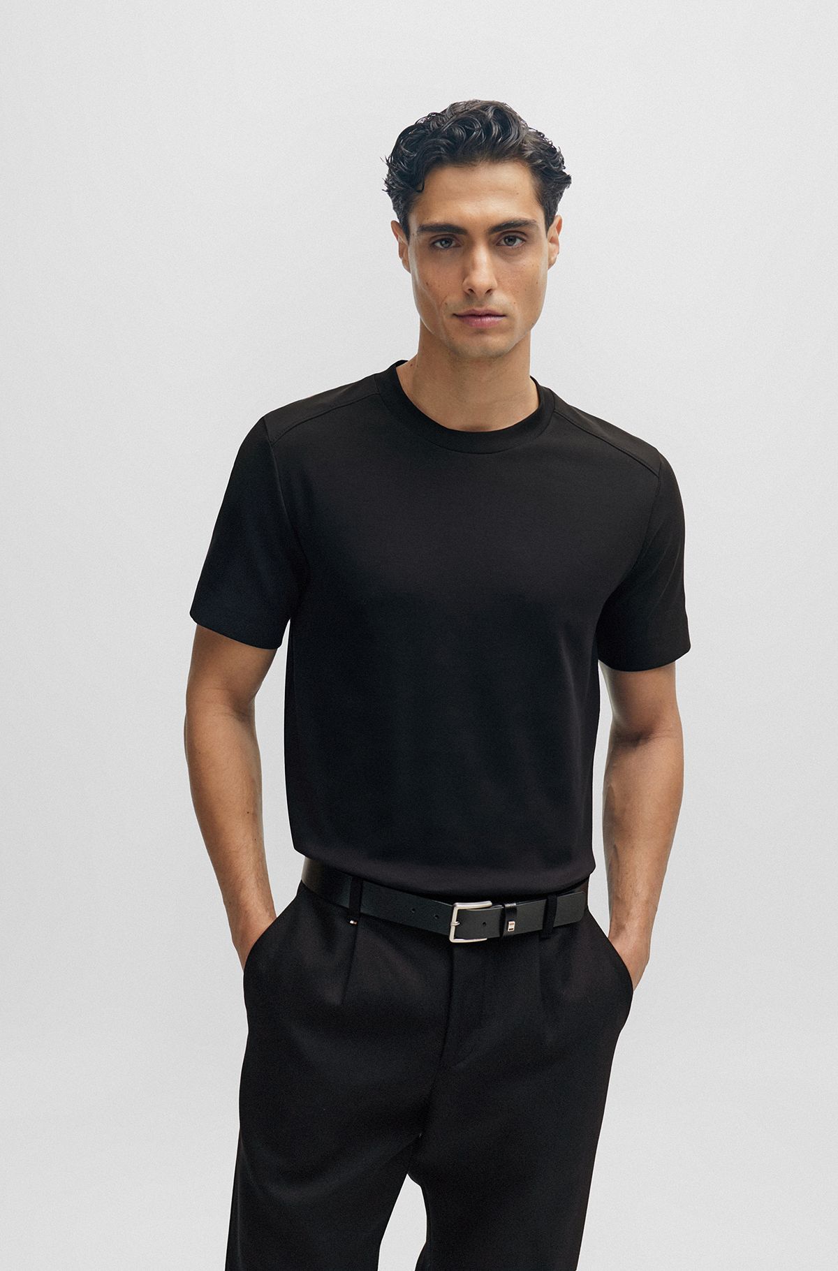 Regular-fit T-shirt in mercerized stretch cotton, Black