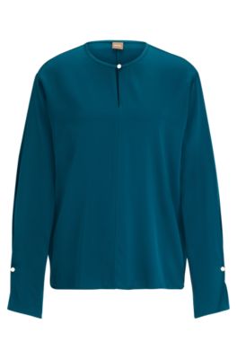 Hugo Boss Relaxed-fit Blouse In Stretch Silk With Keyhole Closure In Light Green