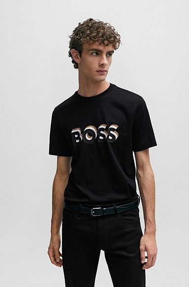 Camiseta de punto de algodón con logo en los colores de la marca, Negro