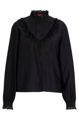Shop Hugo Regular-fit Blouse With Lace Trims And Pleating In Black
