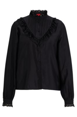 Hugo Boss Ruffled Edging Silky Blouse In Black