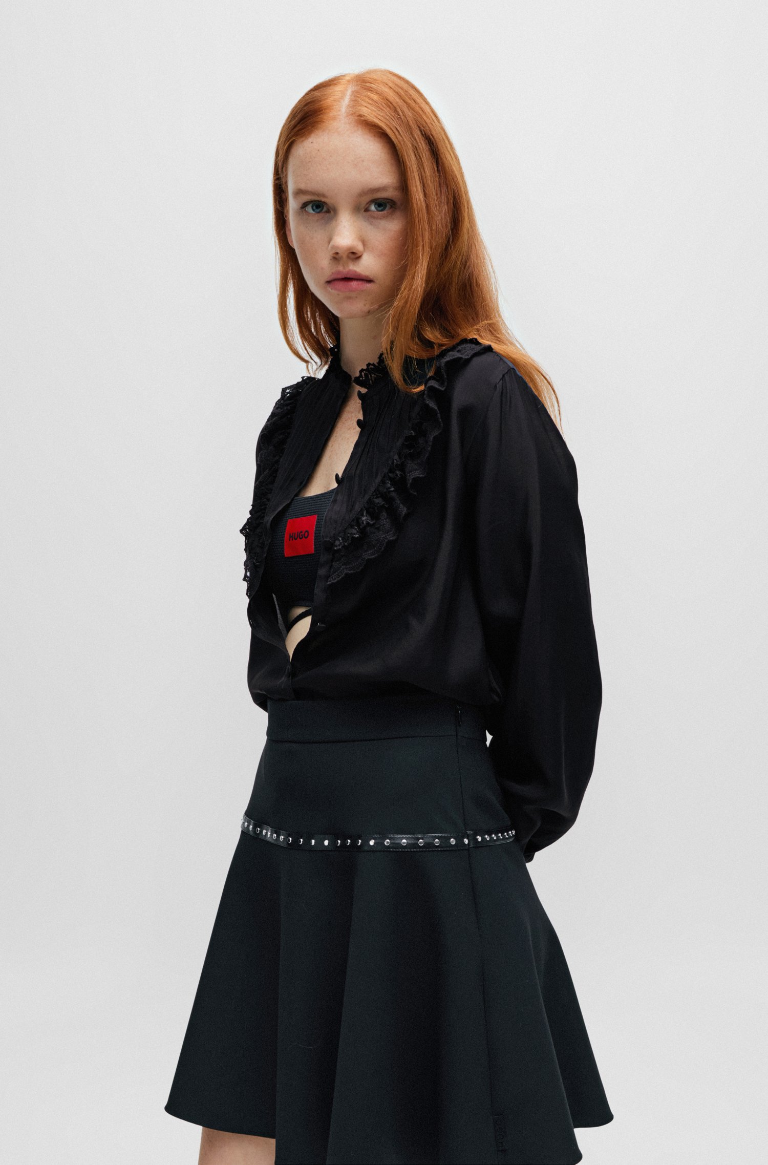Regular-fit blouse with lace trims and pleating