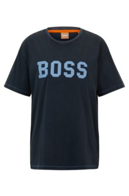 Hugo Boss Relaxed-fit T-shirt In Cotton Jersey With Embroidered Artwork In Dark Blue