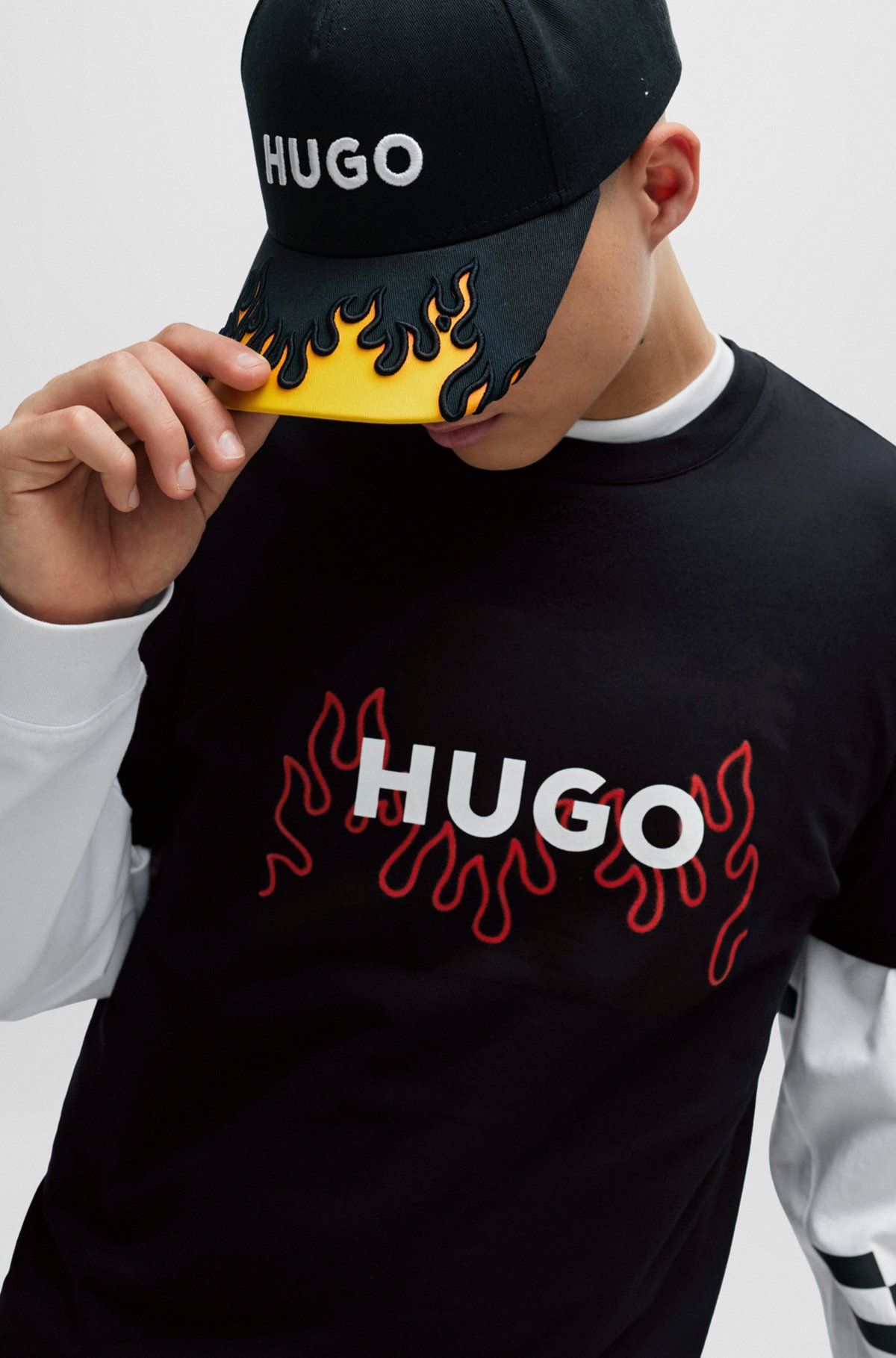 HUGO - Cotton-jersey regular-fit T-shirt with flame logo - Black HUGO - Cotton-jersey regular-fit T-shirt with flame logo - Black