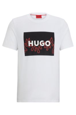 HUGO - Cotton-jersey regular-fit T-shirt with flame logo - White