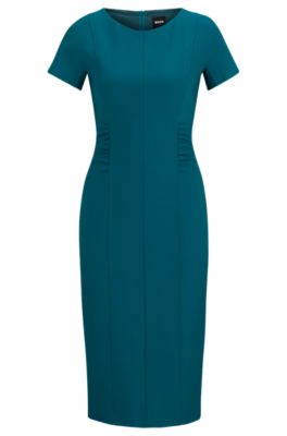 HUGO BOSS SLIT-FRONT BUSINESS DRESS WITH GATHERED DETAILS