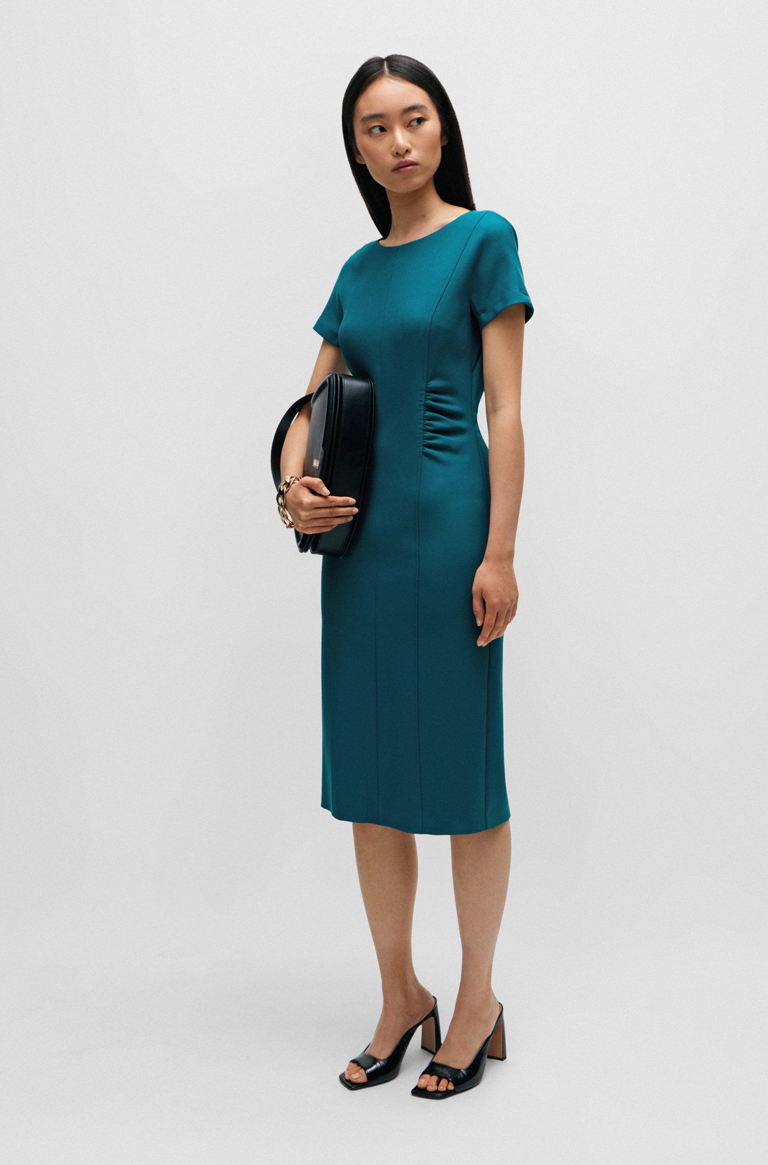 Slit-front business dress with gathered details